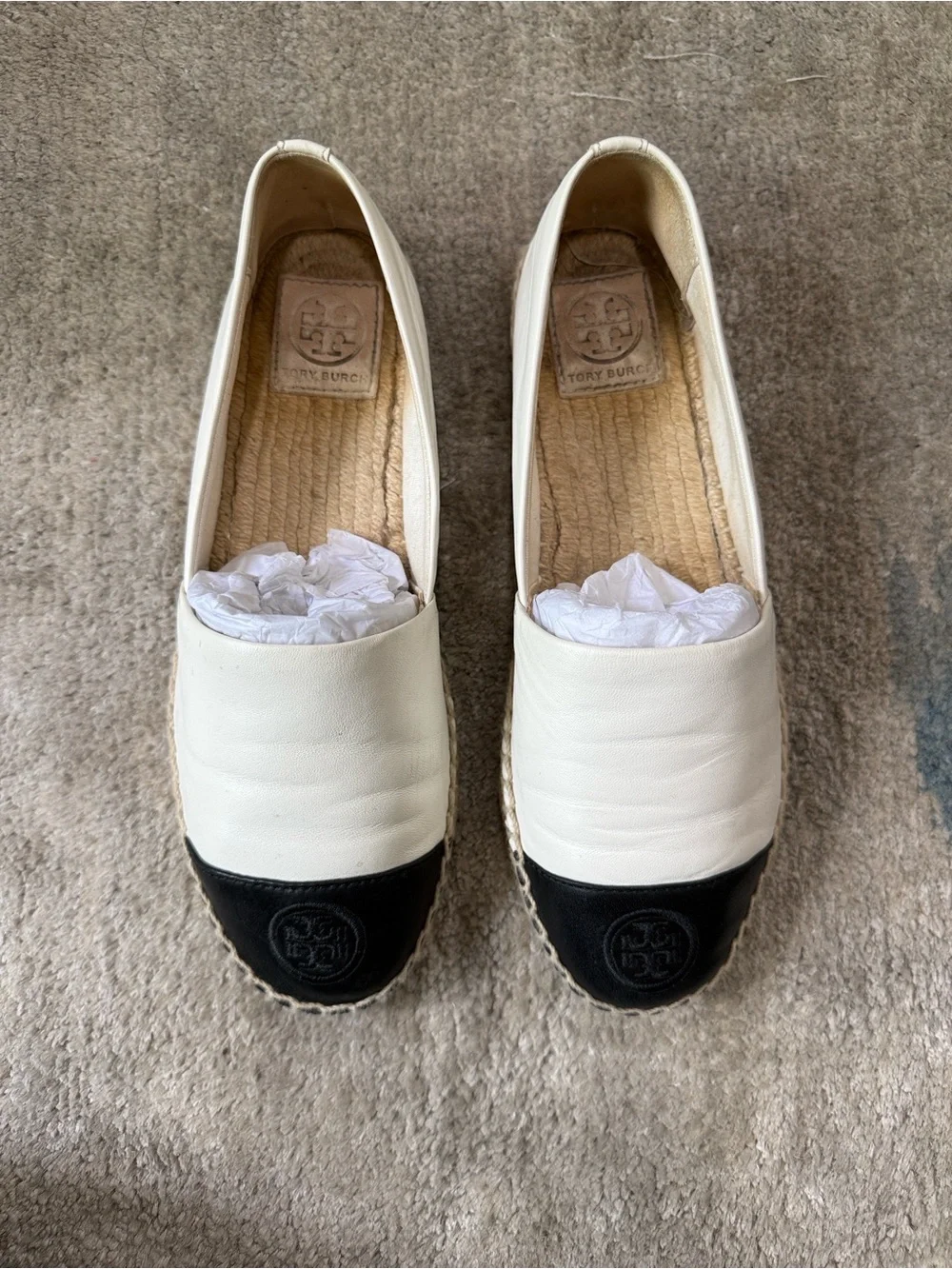 Tory Burch White Leather Espadrille with Black Toe Cap
